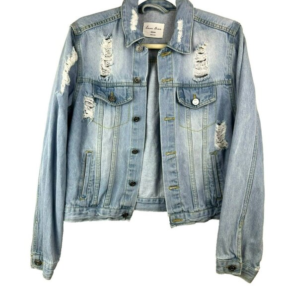 Love Tree Anthropologie Distressed Medium Denim Jean‎ Jacket Pockets - Picture 3 of 6